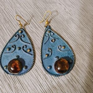 Handcrafted Blue Patina Drop with Amber Accent